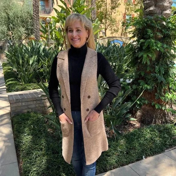 Long Sweater Vest Heather Khaki/Brown Open Front Pockets Cozy Soft Short Sleeve - Picture 2 of 6